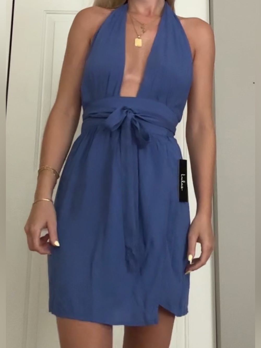Lulu's Royal Blue Halter Tie-Waist Mini Dress